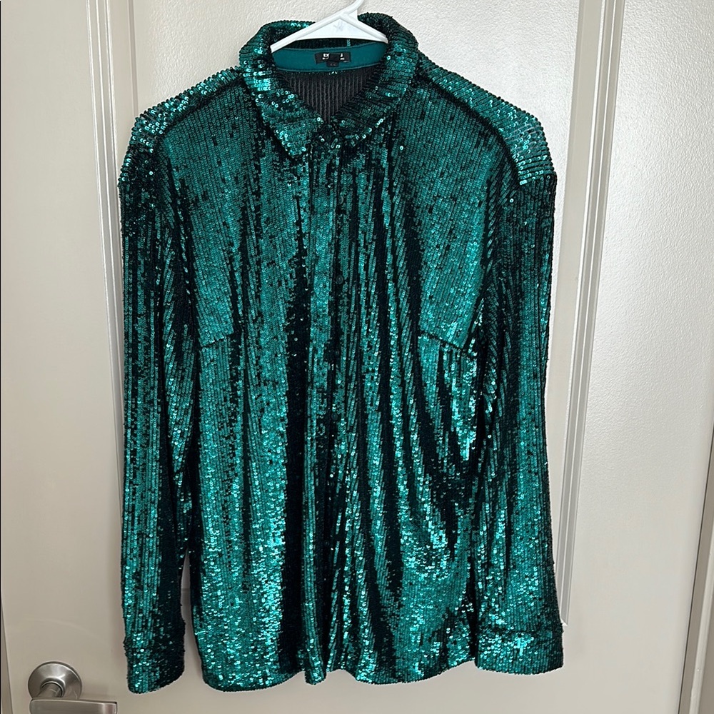 Express Green Sequins Button Down Shirt